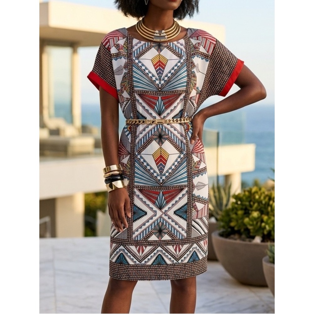 Gibson & Latimer Womens Geometric Tribal Print Shift Dress Multi Color LA8082ANP